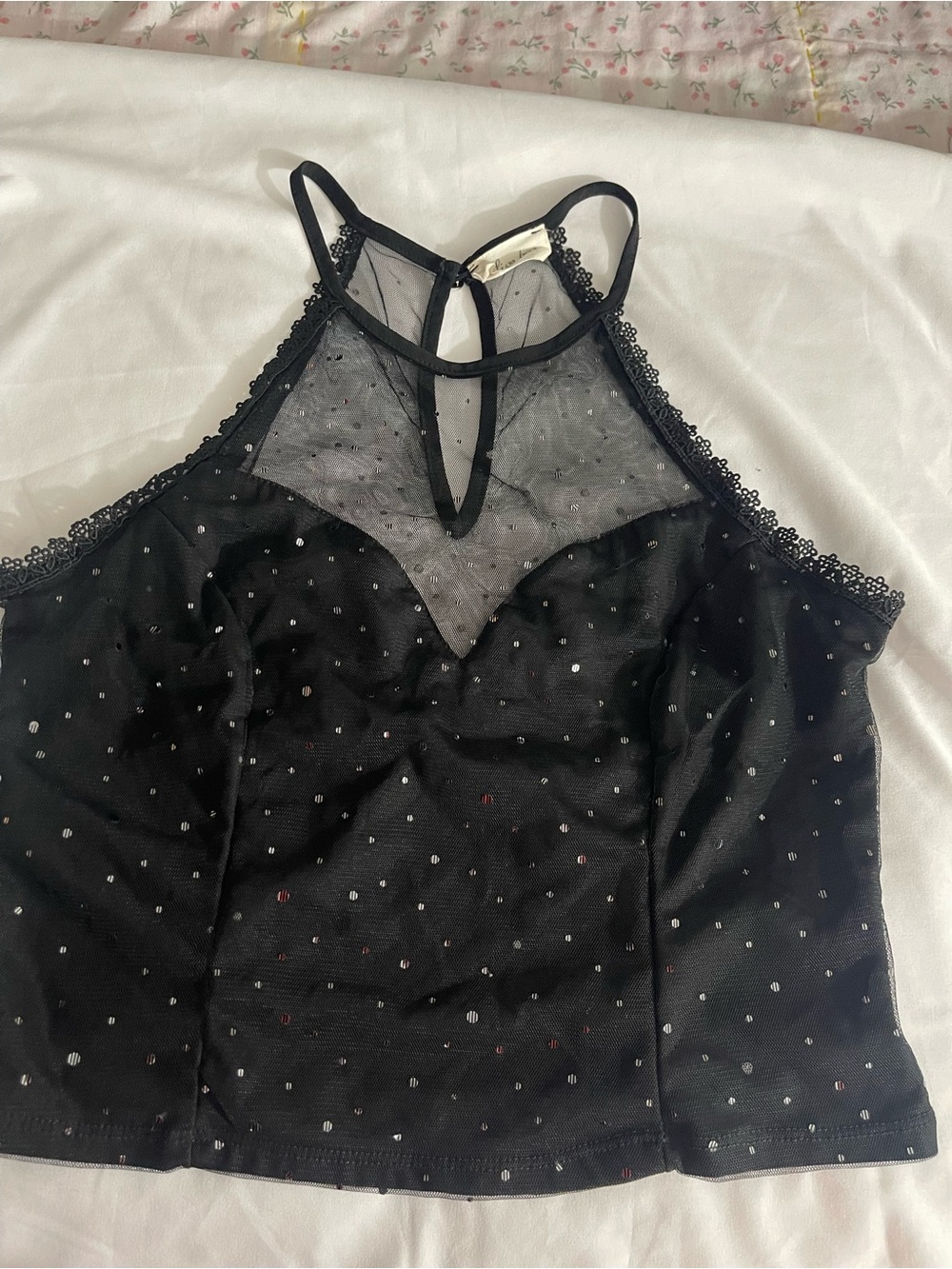 Sheer Mesh Polka Dot Halter Tank Top - Black